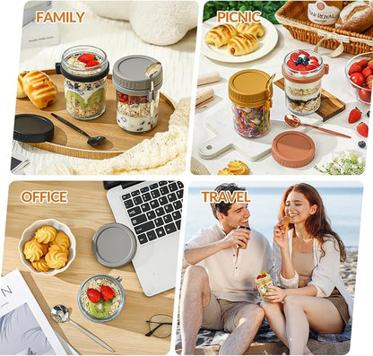 DRKIO 4 Pack Overnight Oats Containers with Lids and Spoons 16 Oz Glass Mason Jars for Overnight Oats Jars Leak Proof Oatmeal Container Great for Cereal Fruit Vegetable Milk Salad Yogurt Meal Prep