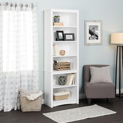 Prepac Sonoma Tall 6-Tier Bookcase 80"H with 2 Adjustable Shelves, White Storage Cabinet, Modern Display Cabinet, Bookshelf with Storage Shelves for Home Office, Living Room, Bedroom Organizer