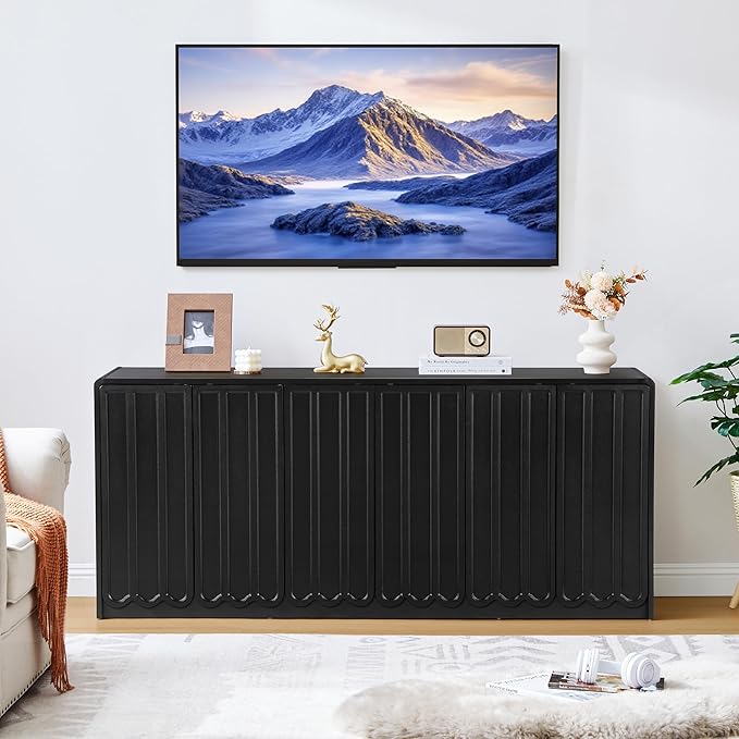 ORRD Sideboard Buffet Cabinet with Storage, Low Storage Cabinet Modern Wooden Accent Credenza Console Table TV Stand with 6 Wave Panel Doors for Kitchen Dining Living Room Entryway, Black