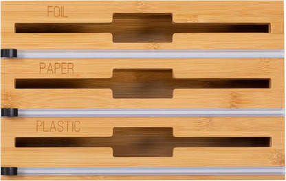 Honey Can Do 3-In-1 Bamboo Food Wrap Organizer With Safety Cutter | Plastic, Wax, Paper and Foil Holder KCH-09858 Natural