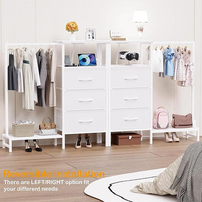 Dresser for Bedroom with Hanging Rack, 3 Drawers Closet with Charging Station, Faric Chest of Drawers with Clothes Rack, Storage Organzier for Hallway Entryway, White