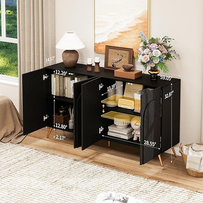 59" Accent Cabinet with 4 Door, Modern Decorative Storage Cabinet with 3D Carved Doors, Sideboard Buffet Cabinets with Adjustable Shelves, Credenza for Living Room,Entryway,Dining Room, Black
