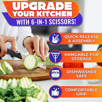 6-in-1 Cutting Board Scissors - Stainless Steel Kitchen Tool with Ribbed Blade, Automatic Spring & Safety Lock - Slice Meat, Fish, Bread, Veggies & Fruit on the Spot - Dishwasher Safe Cheese Scissors
