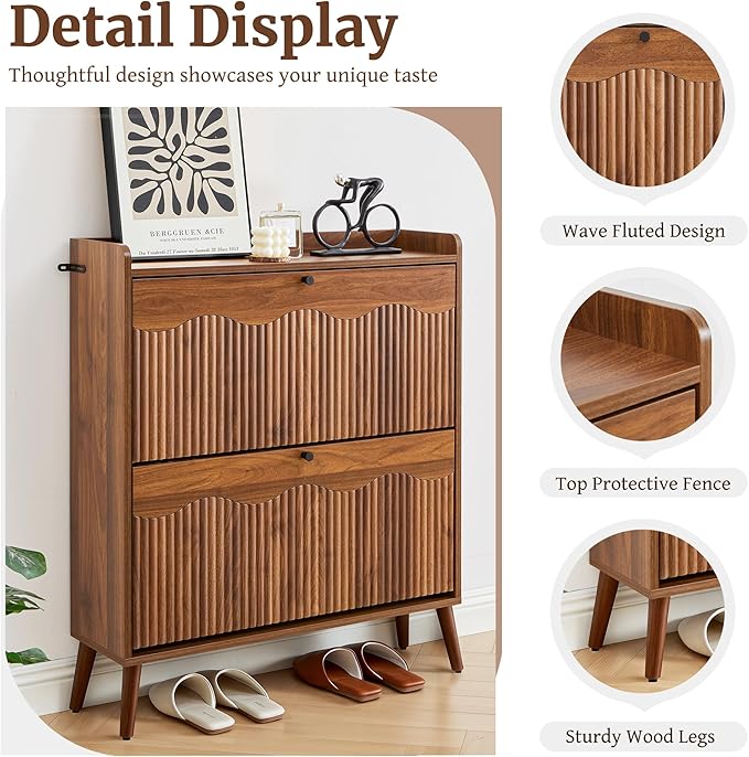 Shoe Storage Cabinet with 2 Flip Doors, 31.5" Narrow Fluted Design for Space Saving, Freestanding Entryway Shoe Organizer for Hallway & Living Room (Walnut)