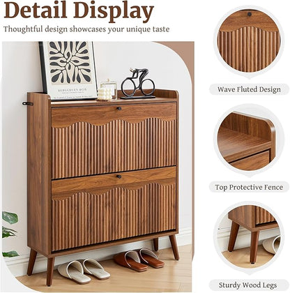 Shoe Storage Cabinet with 2 Flip Doors, 31.5" Narrow Fluted Design for Space Saving, Freestanding Entryway Shoe Organizer for Hallway & Living Room (Walnut)
