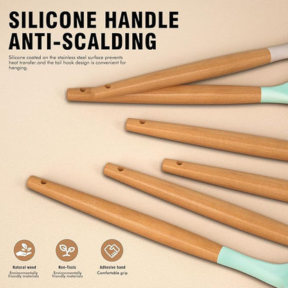 Silicone Cooking Utensils Set - AVGPD Silicone Kitchen Utensils for Cooking Wooden Handles, 446°F Heat Resistant Kitchen Utensil Spatula Sets, Gadgets for Non-Stick Cookware BPA FREE (Multicolour)