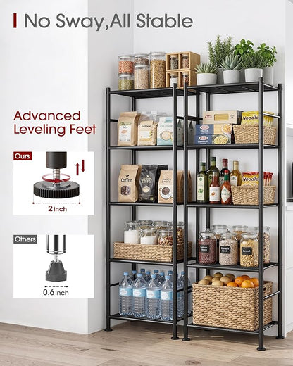 Sakugi Storage Shelves - Set of 2, 5-Tier Metal Shelf Organizer, Space-Saving Garage Shelving with Leveling Feet, Standing Shelves Organizer for Kitchen, Laundry, Pantry (18.4" x 12.6" x 57.4", Black)