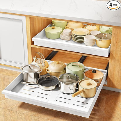 Pull out Cabinet Organizer, 4-Pack Expandable(13.6"-24") Silde out Drawers with Raising Pad for Framed Cabinets, Adjustable Full-Extension Adhesive Roll out Shelves for Kitchen Pantry Home Pot and Pan
