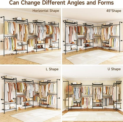 H6 Wall Mounted Closet System, Industrial Pipe Clothes Rack Clothing Racks with 6 Telescopic Rods & 3 Fixing Rods & 9 Shelves, Heavy Duty Closet Organizers and Storage in Wardrobe Closet (Black)