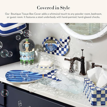 MACKENZIE-CHILDS Tissue-Box Cover, Tissue Holder for Home Decor, Blue-and-White Royal Check, Square