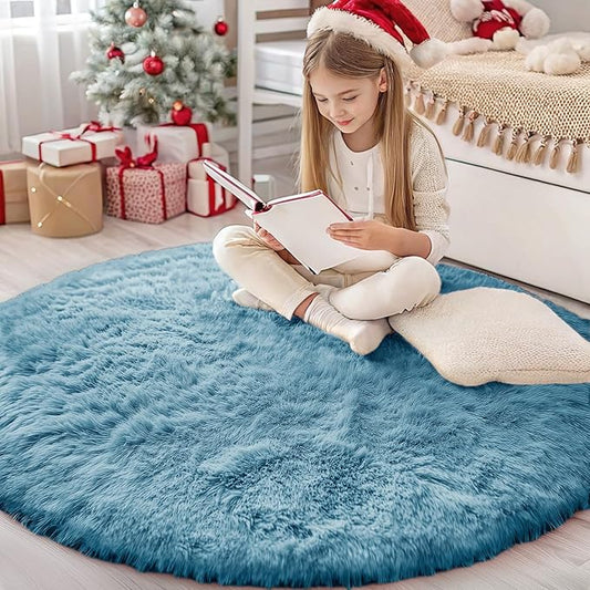 OLANLY Slate Blue Round Rugs for Bedroom - Machine Washable, 4 ft Circle Area Rugs for Living Room, Soft and Fluffy Shaggy Carpet for Teen Girl and Boys, Nursery Rooms, Dorms, Home Decor Aesthetic