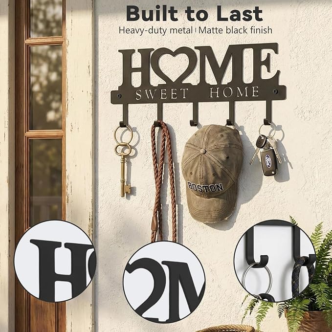 WIPHANY Entryway Key Holder Wall Mount with 5 Hooks, 13" Metal “Sweet Home” Key Rack Organizer for Wall, Decorative Key Hanger for Entryway, Hallway & Mudroom, Housewarming Gift, Black