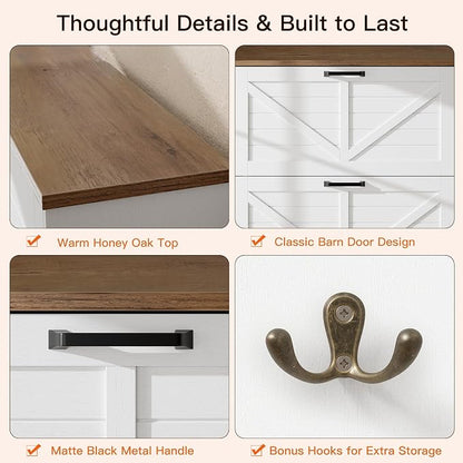 Nicetree Shoe Cabinet, 3 Flip Drawers & Adjustable Shelves, Ultra Slim Freestanding (9.1” Deep), Holds 30 Pairs, Narrow Shoe Storage Cabinet with Anti-Tip Safety, Modern Farmhouse White Walnut