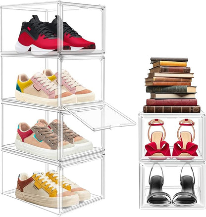 1 Pack Drop Front Acrylic Shoe Boxes with Magnetic Door Size 12, Clear Stackable Shoe Organizers Sneaker Display Cases for Closet, Entryway, Underbed, Multiple Display Cases for Caps, Figures