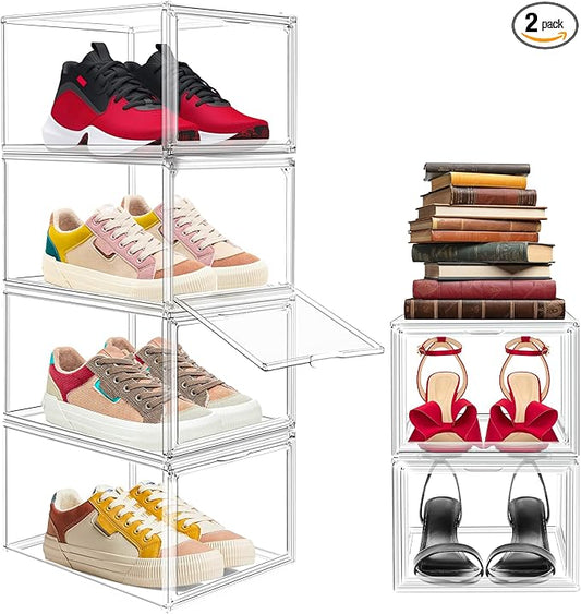 2 Pack Drop Front Acrylic Shoe Boxes with Magnetic Door Fit US Size 12, Clear Stackable Shoe Organizer for Closet, Entryway, Underbed, Multiple Display Cases for Hats, Figures, Sneakers