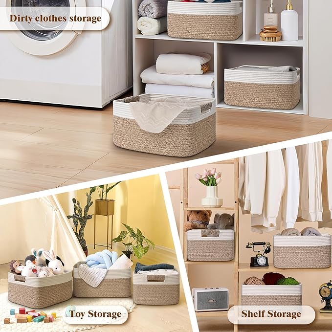 4 Pack Large Storage Basket for Organizing, 17.5"x13.5"x7.5" Woven Basket for Shelves, Closet Cube Storage Bins with Wrapped Handle, Cotton Rope Baskets for Kitchen, Clothes, Toys(Off White & Brown)
