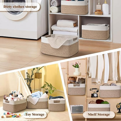 3 Pack Large Storage Basket for Organizing, 17.5"x13.5"x7.5" Woven Basket for Shelves, Closet Cube Storage Bins with Wrapped Handle, Cotton Rope Baskets for Kitchen, Clothes, Toys(Off White & Brown)