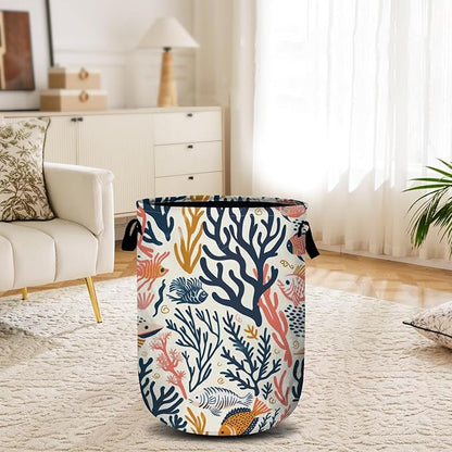 Corals and Tropical Fish Laundry Basket, Laundry Hamper Collapsible Oxford Cloth with Handle Clothes Toy Storage Bin for Bathroom Laundry Room Bedroom 15.7 X 20 Inch