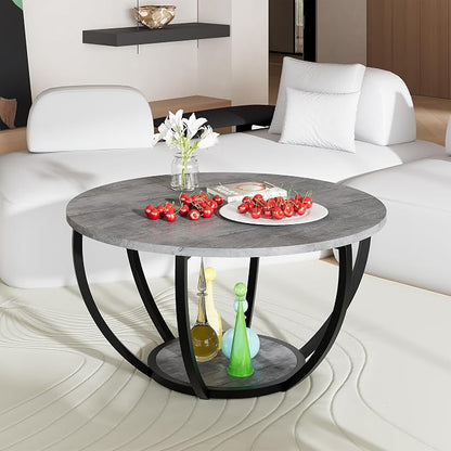 HOMERECOMMEND Round Coffee Table with Storage,2-Tier Wood Coffee Table for Living Room, Sofa Tables for Home Office,Grey