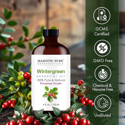 Majestic Pure Essential Oil with Glass Dropper - 100% Pure and Natural - Essential Oils for Diffuser, Aromatherapy, Soap and Candle Making, Wintergreen Essential Oil, Wintergreen Oil, 4 Fl Oz