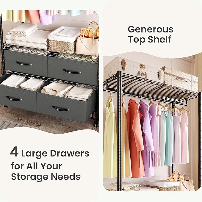 Heavy Duty Clothes Rack With 4 Fabric Drawers and Adjustable Shelves, Freestanding Clothing Rack with Hanging Rod for Hanging Clothes, 71.5" H x 35.2" W x 15.4" D