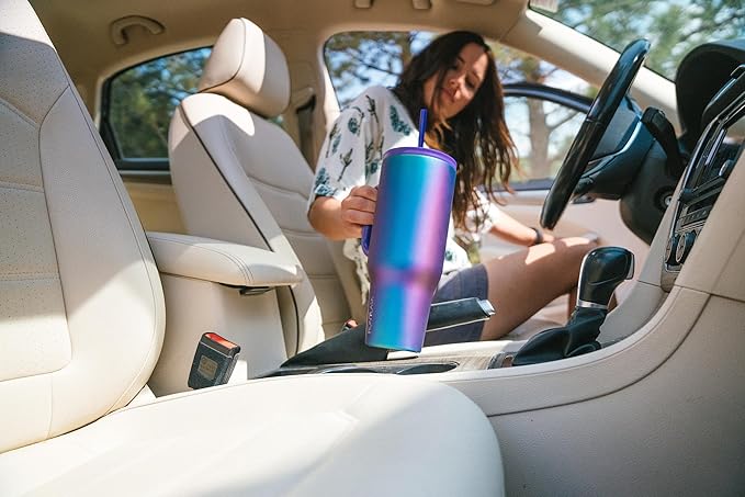 IRON °FLASK Co-Pilot Insulated Mug w/Straw & Flip Cap Lids - Cup Holder Bottle for Hot, Cold Drink - Leak-Proof- Water, Coffee Portable Travel Tumbler - Clementine, 40 Oz