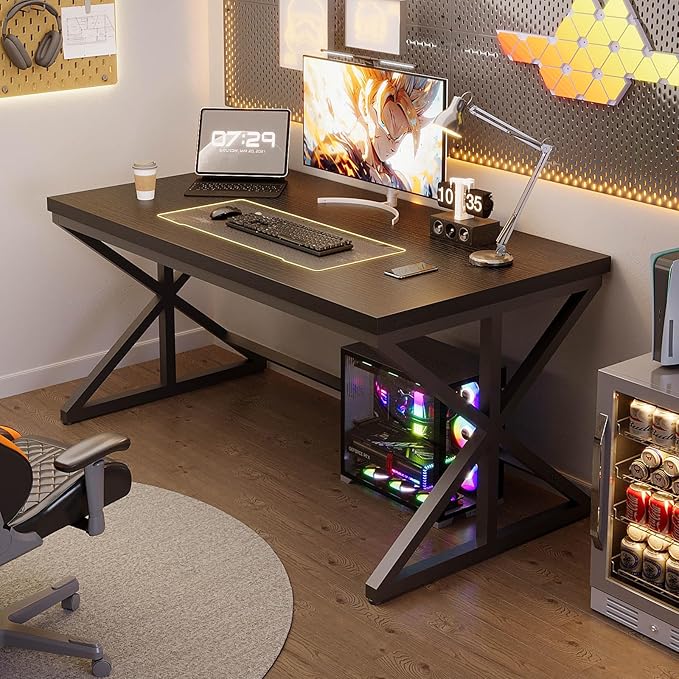 IBF 55 Inch Black Home Office Desks, Modern Computer Desk for Writing Study, Wood Metal Simple Gaming Work Table for Bedroom, Industrial Wooden Pc Workstation Executive Desk, Black Oak