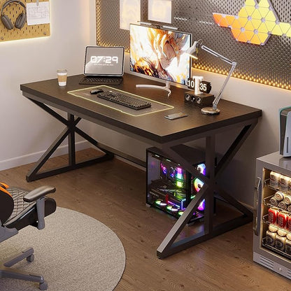 IBF 55 Inch Black Home Office Desks, Modern Computer Desk for Writing Study, Wood Metal Simple Gaming Work Table for Bedroom, Industrial Wooden Pc Workstation Executive Desk, Black Oak