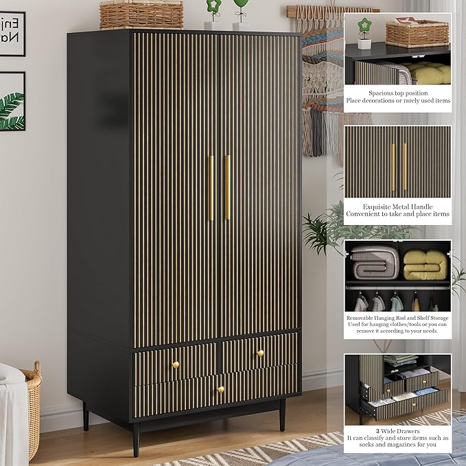 Armoire Wardrobe Closet with 2 Fluted Doors,64.96" Wooden Clothes Storage Cabinet with Hanging Rod and Shelf Storage,Wardrobe Cabinet with 3 Drawers,Freestanding Closet for Bedroom (Black)
