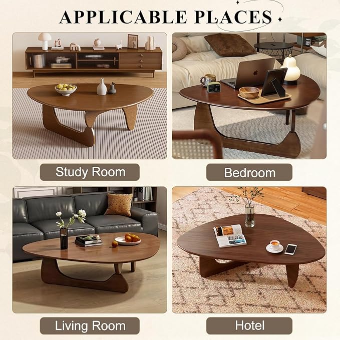 Solid Wood Triangle Coffee Table,Unique Mid Century Modern Oval Coffee Table,Irregular Geometric Tea Tables for Home Living Room with Wooden Tabletop and Reinforced Legs Walnut 43" L x 31" W x 16" H