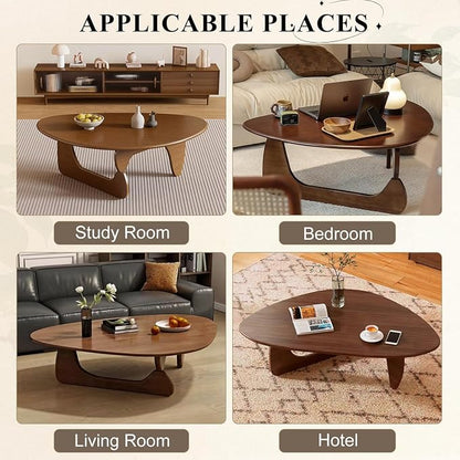 Solid Wood Triangle Coffee Table,Unique Mid Century Modern Oval Coffee Table,Irregular Geometric Tea Tables for Home Living Room with Wooden Tabletop and Reinforced Legs Walnut 43" L x 31" W x 16" H
