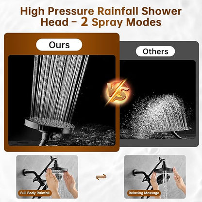 BRIGHT SHOWERS High Pressure Dual Shower Head Combo with Handheld and Rain Shower, Built-in Power Wash, 9 Settings, Height Adjustable Extension Arm, 3-Way Diverter, 69” Hose, Matte Black