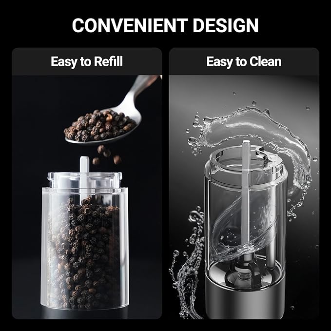 ThermoMaven Electric Salt and Pepper Grinder Set, 110ml Larger Rechargeable Automatic Salt and Pepper Mill Grinder with 6 Adjustable Coarseness, Salt and Pepper Shakers, LED, 2 Packs, Black & White