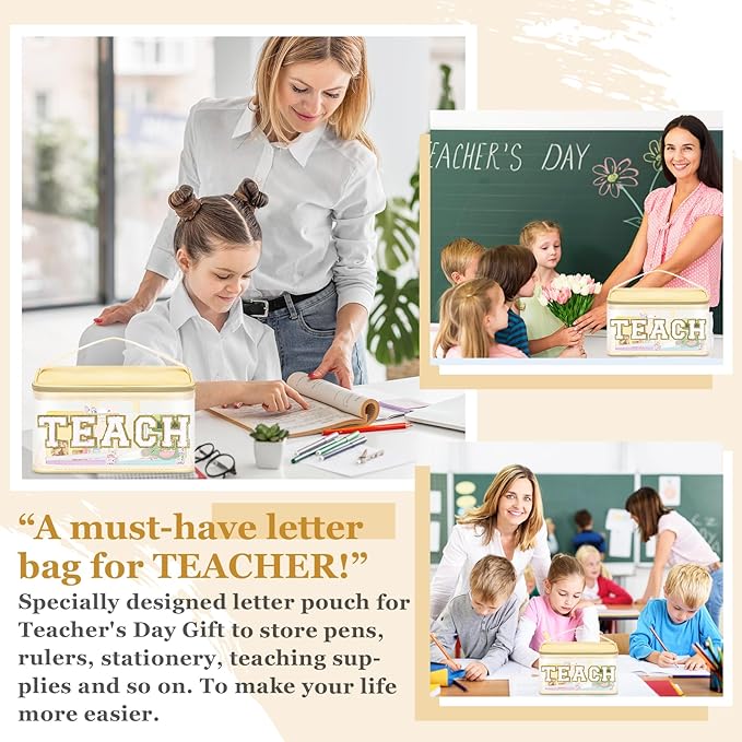 Teacher Appreciation Gifts Chenille Letter Clear Makeup Bag TEACH Pouch, Preppy Patch Makeup Bag Zipper with Handle Nylon Travel Cosmetic Bag Graduation Retirement Teacher Gifts for Women(TEACH-Beige)