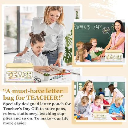 Teacher Appreciation Gifts Chenille Letter Clear Makeup Bag TEACH Pouch, Preppy Patch Makeup Bag Zipper with Handle Nylon Travel Cosmetic Bag Graduation Retirement Teacher Gifts for Women(TEACH-Beige)