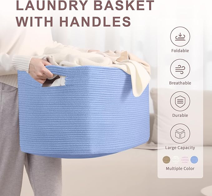 SunNewt 86L Large Baby Girls Laundry Basket for Nursery Storage,Cute Woven cotton Rope Baskets for Kids Toy，Gifts, Boho Square Wicker Blanket hamper for Living Room,Bedroom Dirty Clothes,Blue Purple