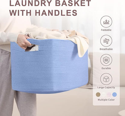 SunNewt 86L Large Baby Girls Laundry Basket for Nursery Storage,Cute Woven cotton Rope Baskets for Kids Toy，Gifts, Boho Square Wicker Blanket hamper for Living Room,Bedroom Dirty Clothes,Blue Purple