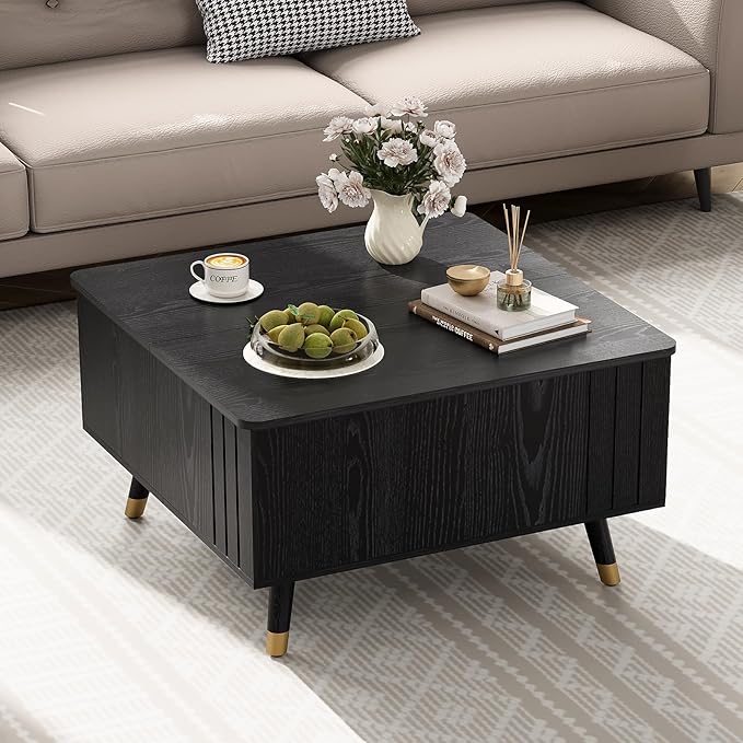 SULIVES Lift Top Coffee Table with Storage,Square Coffee Table with Lifting Top,Modern Center Table with Solid Wood Legs,Small Coffee Tables for Living Room,Black