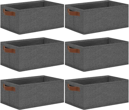 GhvyenntteS Small Fabric Storage Bins 6 Pack, 11.8" x 7.87" x 5.11" Storage Basket with Leather Handles, Closet Storage Bins for Shelves, Storage Baskets for Shelves, DVD Storage (Grey)