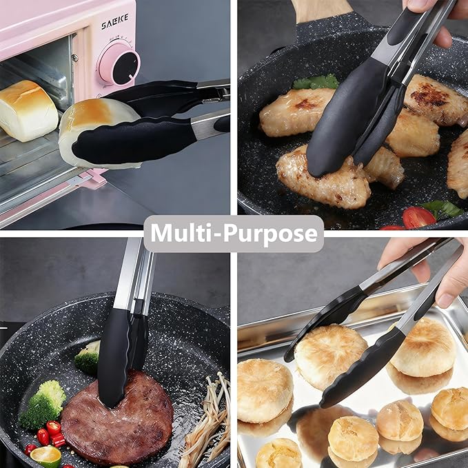 IOCBYHZ Kitchen Silicone Tongs for Cooking with Nonslip Silicone Tips, 600°F Heat Resistant Cooking Food Tong Set Heavy Duty Stainless Steel Handle for Baking Grilling Serving, 3 Pack (7" & 9" & 12")