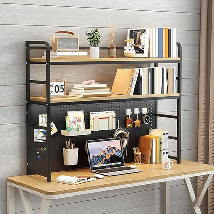 2-Tier Desktop Bookshelf Hutch - Metal Desk Shelf Bookcase with Desk Pegboard Countertop Storage Organizer Rack for Dorm or Office (B, 110cm/43in)