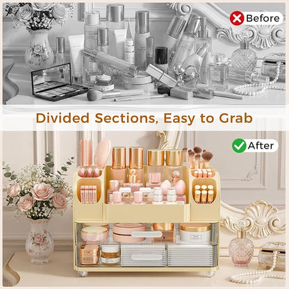 Makeup Organizer for Vanity with Brush Holder, Large Bathroom Countertop Organizer & Skincare Storage | Perfume, Cosmetics Display Case with Drawers (Cream White)