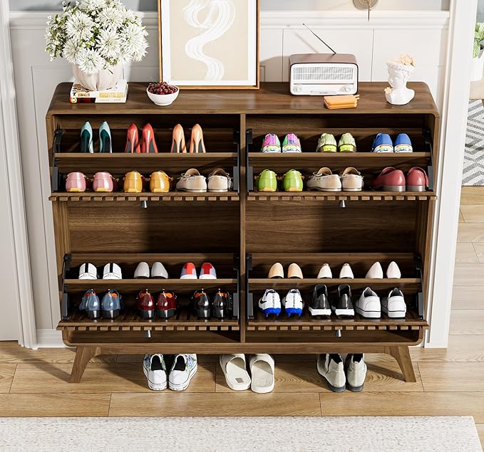 Large Shoe Cabinet for Entryway, Bamboo Narrow Shoe Cabinet Storage with 4 Flip Drawers, Slim Fluted Shoe Rack Organizer for Entry Way, Hallway, Thin, Skinny, Wood, Walnut