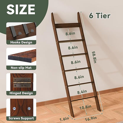 6-Tier Blanket Ladder for Living Room, 5.6FT Pine Wood Quilt Rack with 4 Anti-Slip Straps and 4 Removable Hooks, Lightweight, Easy Assembly, Hinged Design, Farmhouse Decorative Shelf