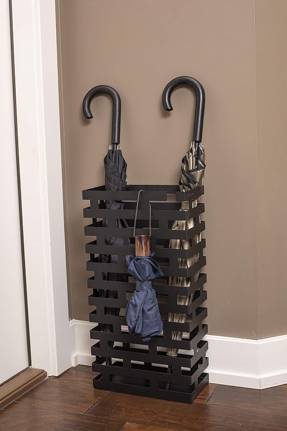 BIRDROCK HOME Decorative Umbrella Stand with Removable Water Tray - Large Freestanding Umbrella Rack and Cane Walking Stick Organizer - Metal Umbrella Holder for Entryway & Indoor Use - Black, Striped