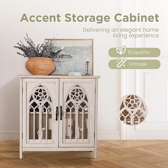 Sophia & William Accent Cabinet with Doors, Distressed Storage Cabinet Display Cabinet with Hollow-Carved Church Window Door for Entryway Living Room, White