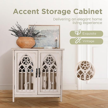Sophia & William Accent Cabinet with Doors, Distressed Storage Cabinet Display Cabinet with Hollow-Carved Church Window Door for Entryway Living Room, White