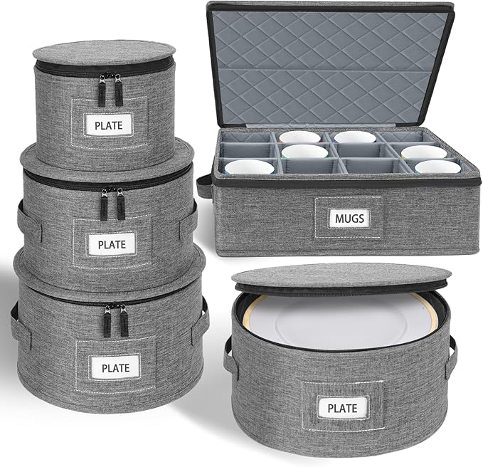 Cirhy China Storage Containers 5-Piece Set - Reinforced Hard-Sided Moving Boxes for Dinnerware, Fine China, Plates & Mugs - Sturdy Quilted Dish Packing Protectors with Dividers (Service for 12)