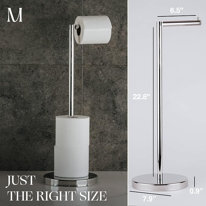 Marmolux Acc - Free Standing Toilet Paper Holder Stand with Storage for 4 Rolls of Toilet Tissue for Bathroom, Stainless Steel (Polished Chrome) 1pc - Bathroom Organizer - Toilet Paper Storage
