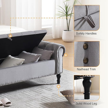 Velvet Storage Bench 67 Inch Upholstered Tufted Ottoman Bench with Arms King Size End of Bed Bench for Bedroom Living Room Entryway Grey